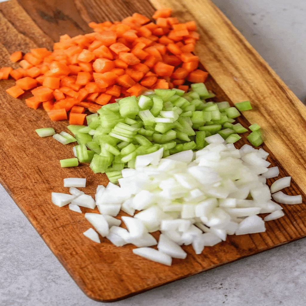 Chopped carrots, celery, and onions on a wooden board prepared for making High Protein Broccoli Cheddar Soup.