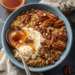Cinnamon Toast Breakfast Quinoa with pecans, maple syrup, and yogurt