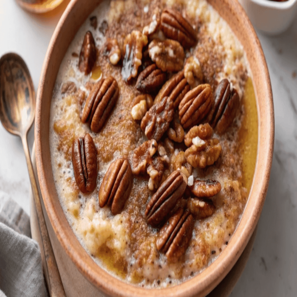 Cinnamon Toast Breakfast Quinoa topped with walnuts, pecans, and cinnamon