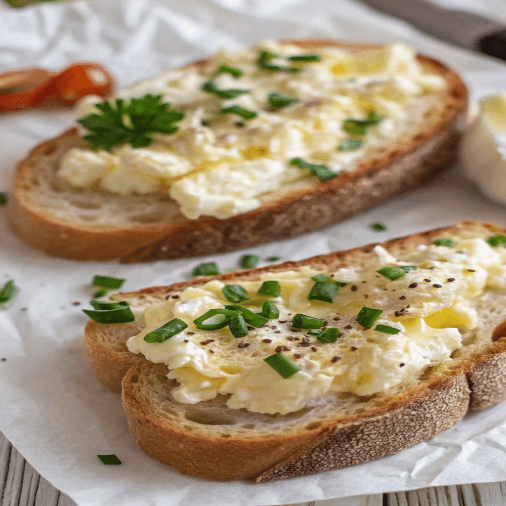 Egg and Ricotta Toast with creamy ricotta spread on sourdough bread topped with chives