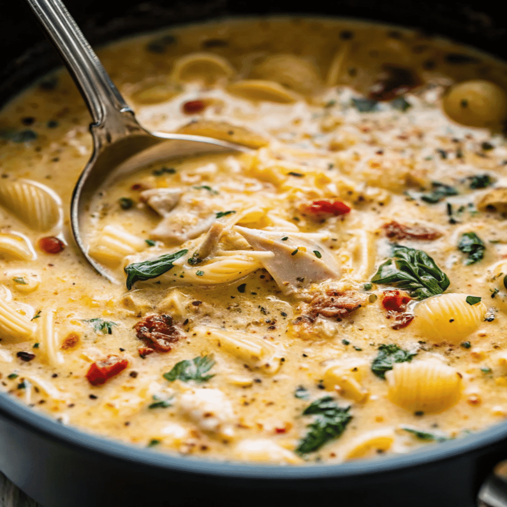 Marry Me Chicken Soup with pasta shells, chicken, spinach, and sun-dried tomatoes in a creamy Parmesan broth