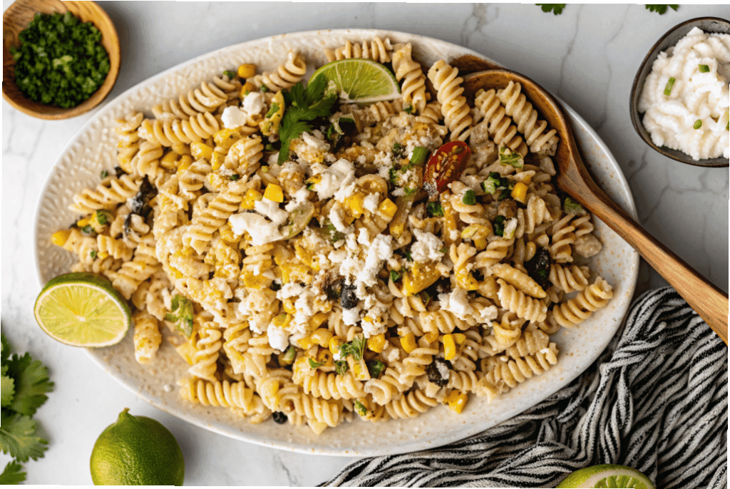 Overhead view of creamy street corn pasta salad on a white platter with lime wedges and fresh cilantro