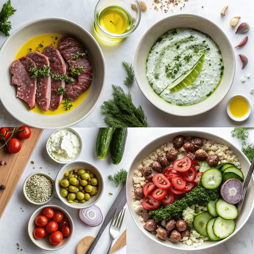 Four-step collage for Mediterranean Steak Bowl showing marinated steak, homemade tzatziki, fresh vegetables, and the finished bowl with cucumbers, tomatoes, olives, and herbs.