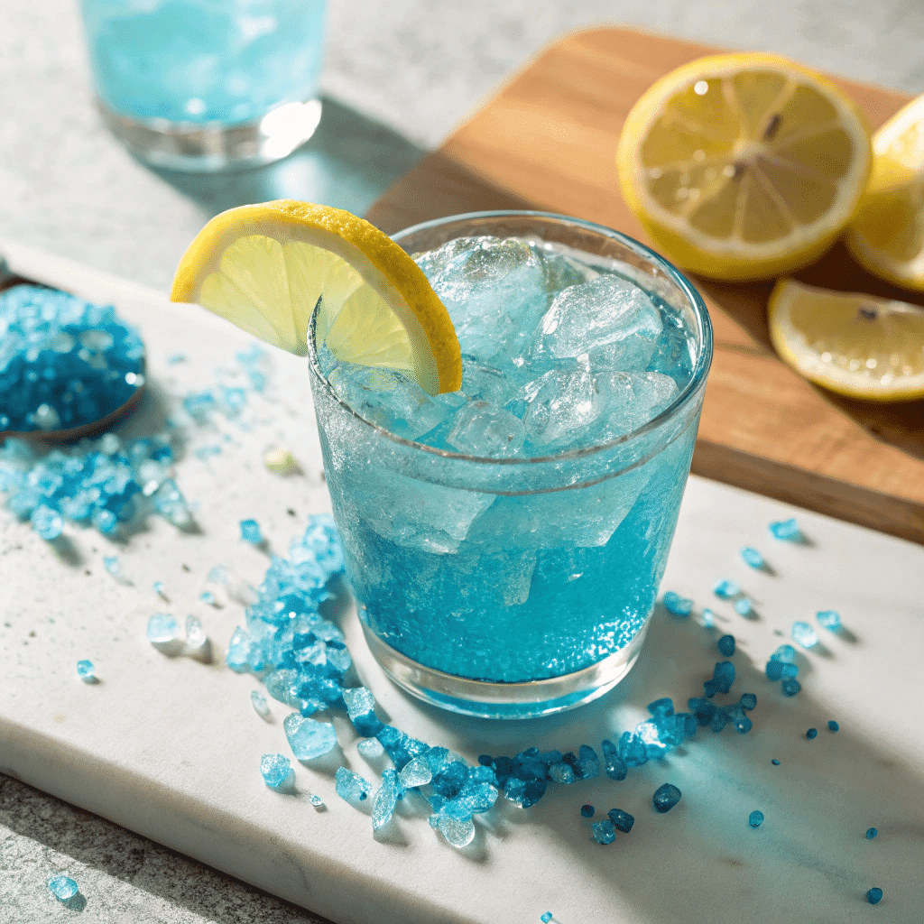 Blue salt trick drinkdrink with ice and lemon slice on marble board