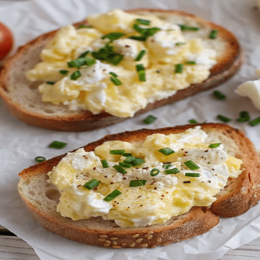 Egg and Ricotta Toast Recipe on sourdough with scrambled eggs and chives
