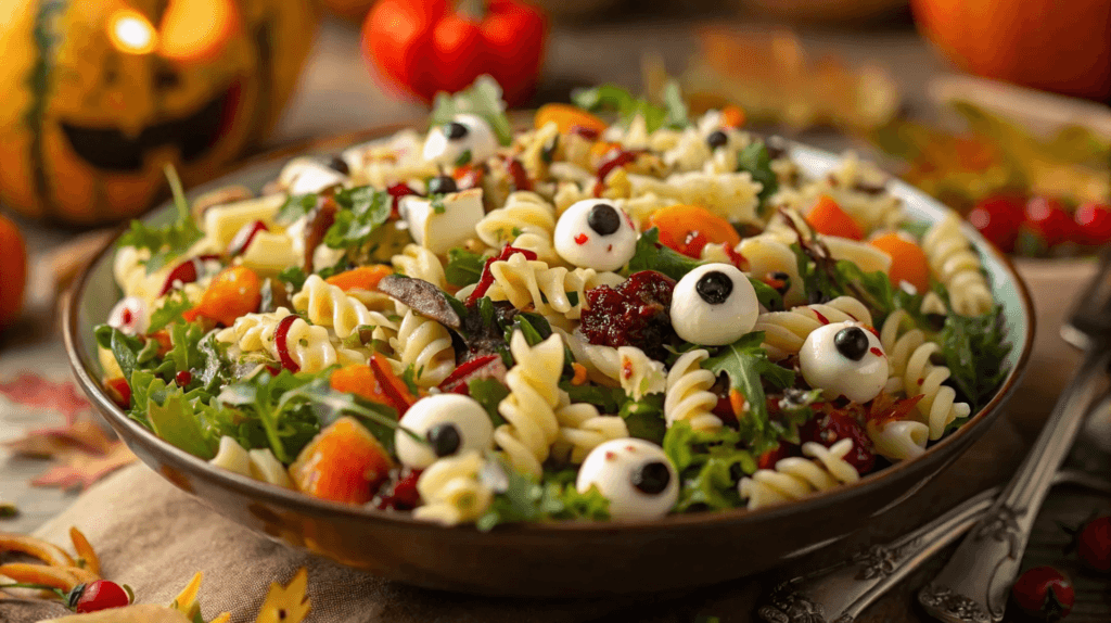 Eyeball Pasta Salad with mozzarella eyeballs and fresh vegetables for Halloween