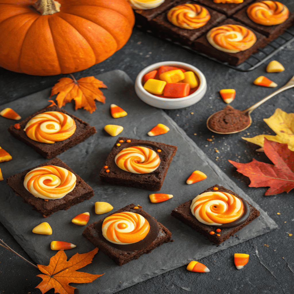 Fall Candy Corn Swirl Brownies with orange cream cheese swirl and candy corn topping surrounded by pumpkins and autumn leaves