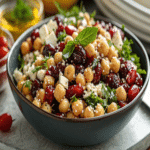 Feta & Cranberry Chickpeas with Lemon Vinaigrette in a black bowl topped with parsley and mint