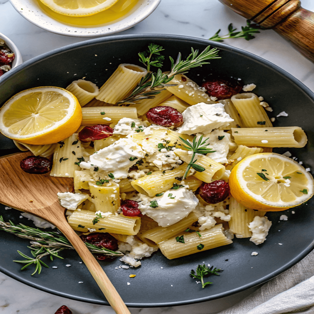 Feta & Cranberry Rigatoni Salad with rigatoni pasta, feta cheese, cranberries, and lemon slices served in a black bowl with herbs