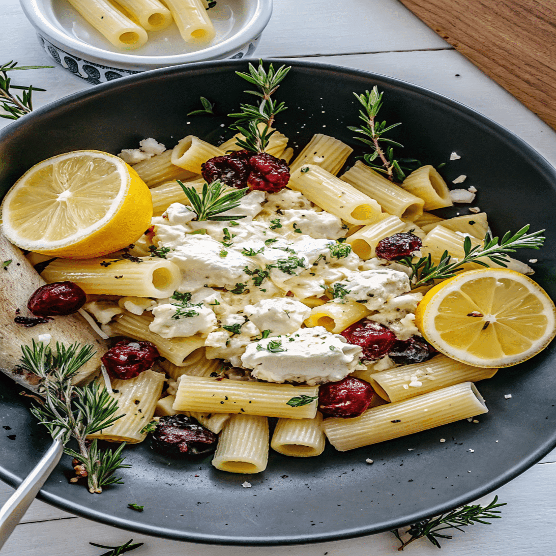 Feta & Cranberry Rigatoni Salad with creamy feta, dried cranberries, and lemon slices served in a black bowl