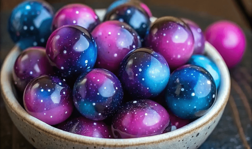 Bowl of Galaxy Candy Grapes coated in purple, blue, and pink glittery candy
