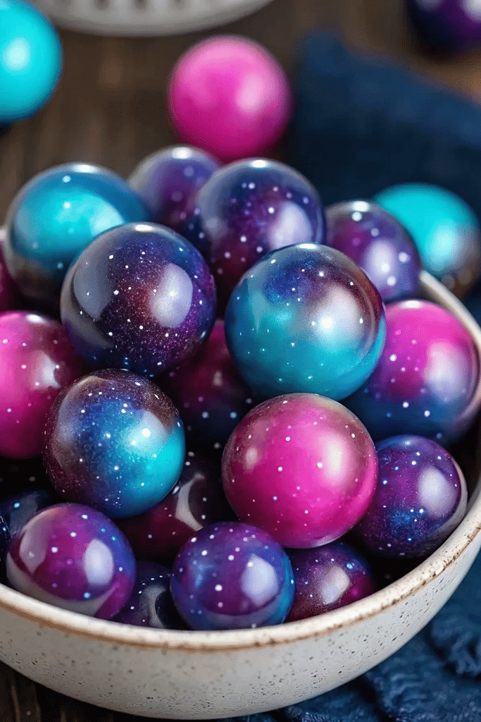 Homemade Galaxy Candy Grapes with purple, blue, and pink glittery coating