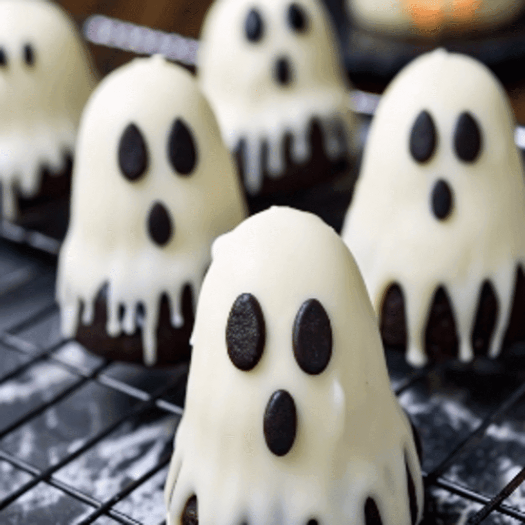 Close-up of Ghost Oreo Balls decorated with white chocolate coating and chocolate chip faces on a cooling rack.