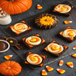 Candy Corn Swirl Brownies with orange cream cheese swirl and candy corn topping for Halloween