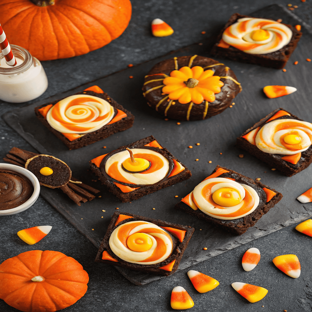 Candy Corn Swirl Brownies with orange cream cheese swirl and candy corn topping for Halloween