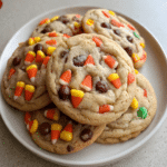 Halloween Cauldron Cookie Creation stacked on a white plate with candy corn and chocolate chips
