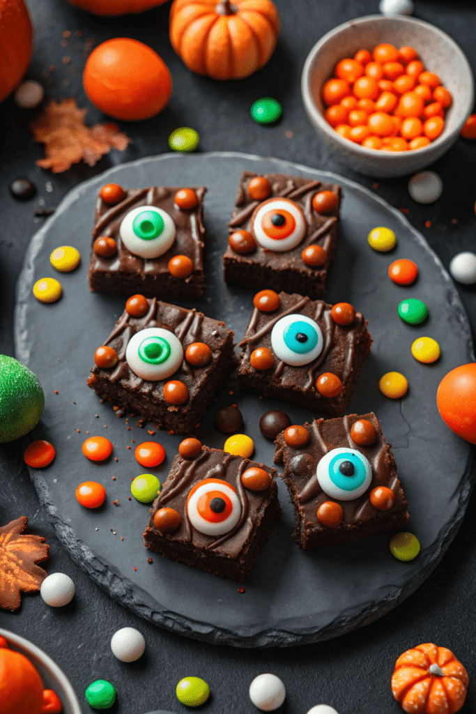 Halloween Eyeball Brownies Decorated with Candy Eyes and Chocolate