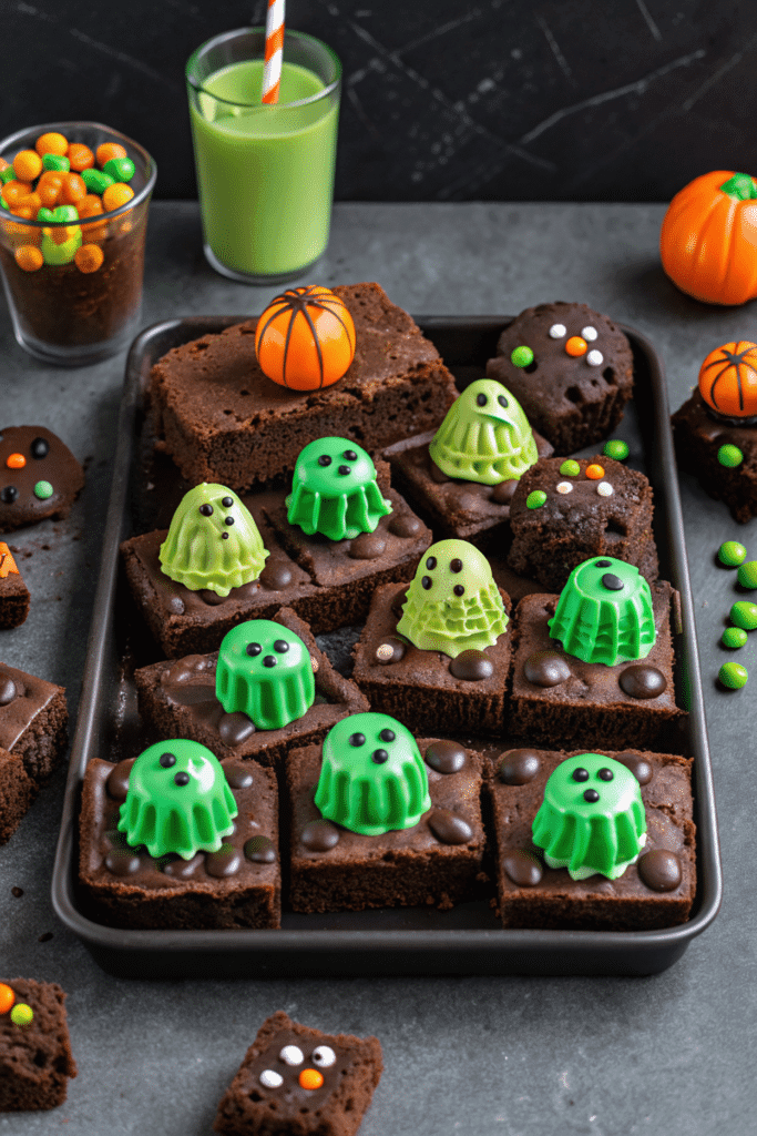 Halloween monster brownies topped with green candy ghosts and chocolate drops.