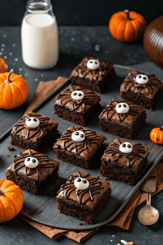 Halloween spooky spider brownies with candy eyes and chocolate legs on a tray.