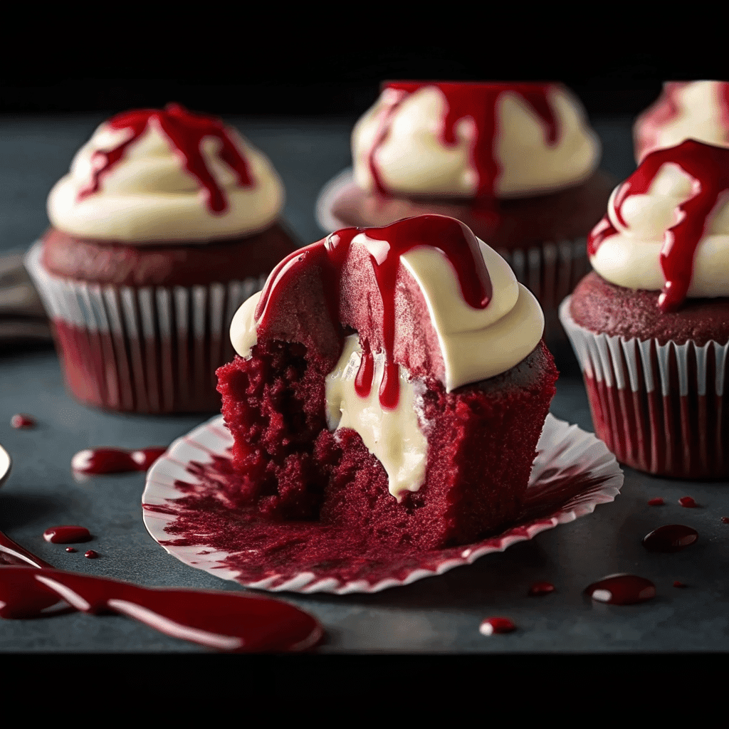 Close-up of Halloween Vampire Bite Cupcakes with white cream cheese frosting and dripping red jam filling