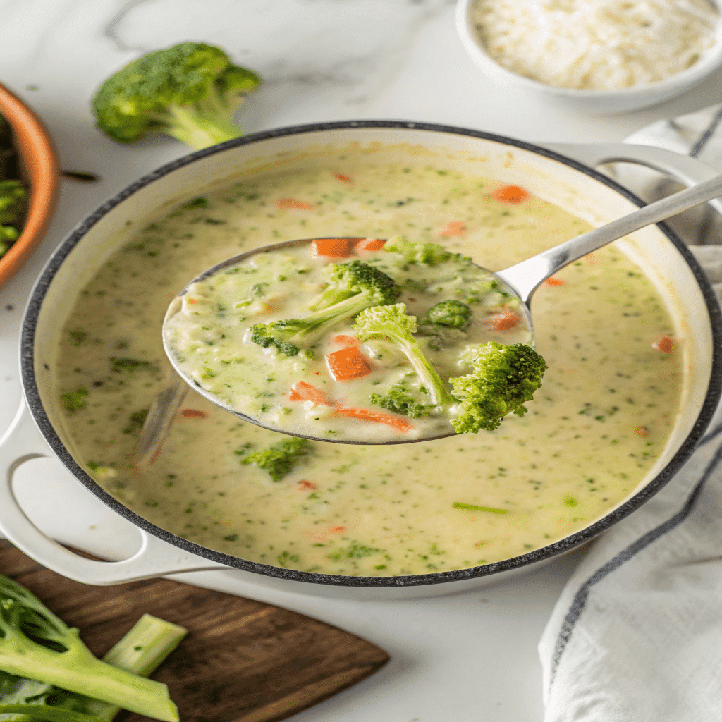 Creamy high protein broccoli cheddar soup in a pot with fresh broccoli and carrots, ready to serve.