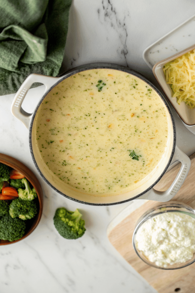 High Protein Broccoli Cheddar Soup in pot with broccoli, cheese, and cottage cheese