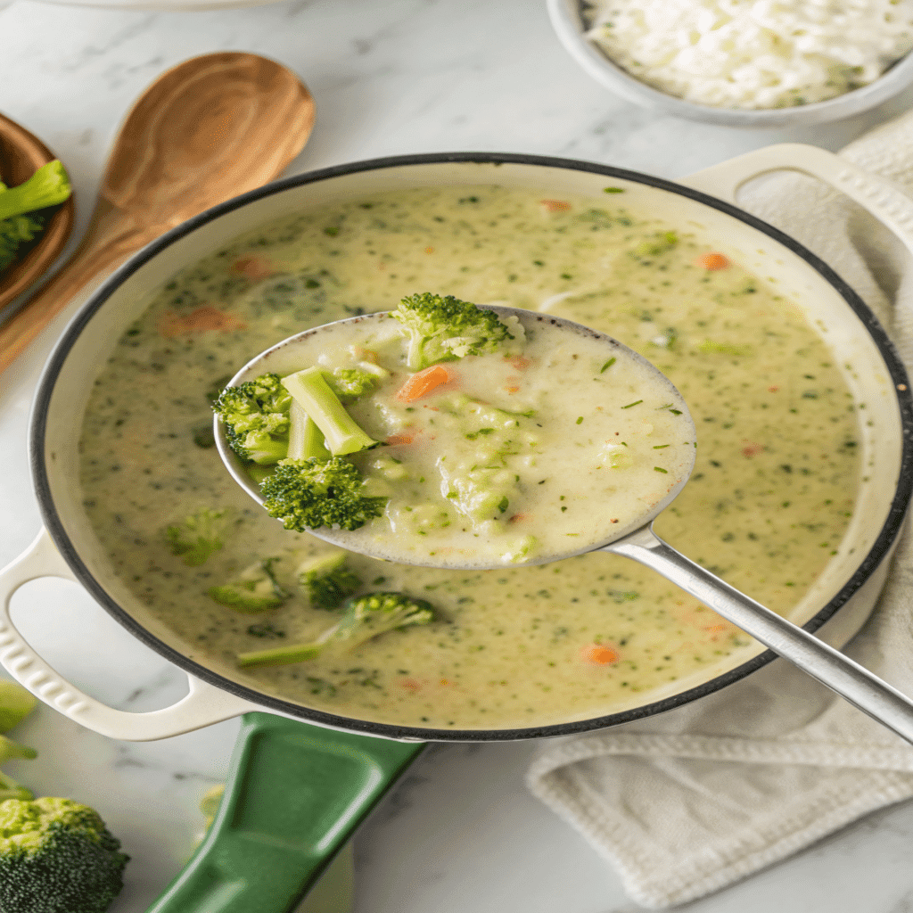 High Protein Broccoli Cheddar Soup in a pot with fresh broccoli and carrots