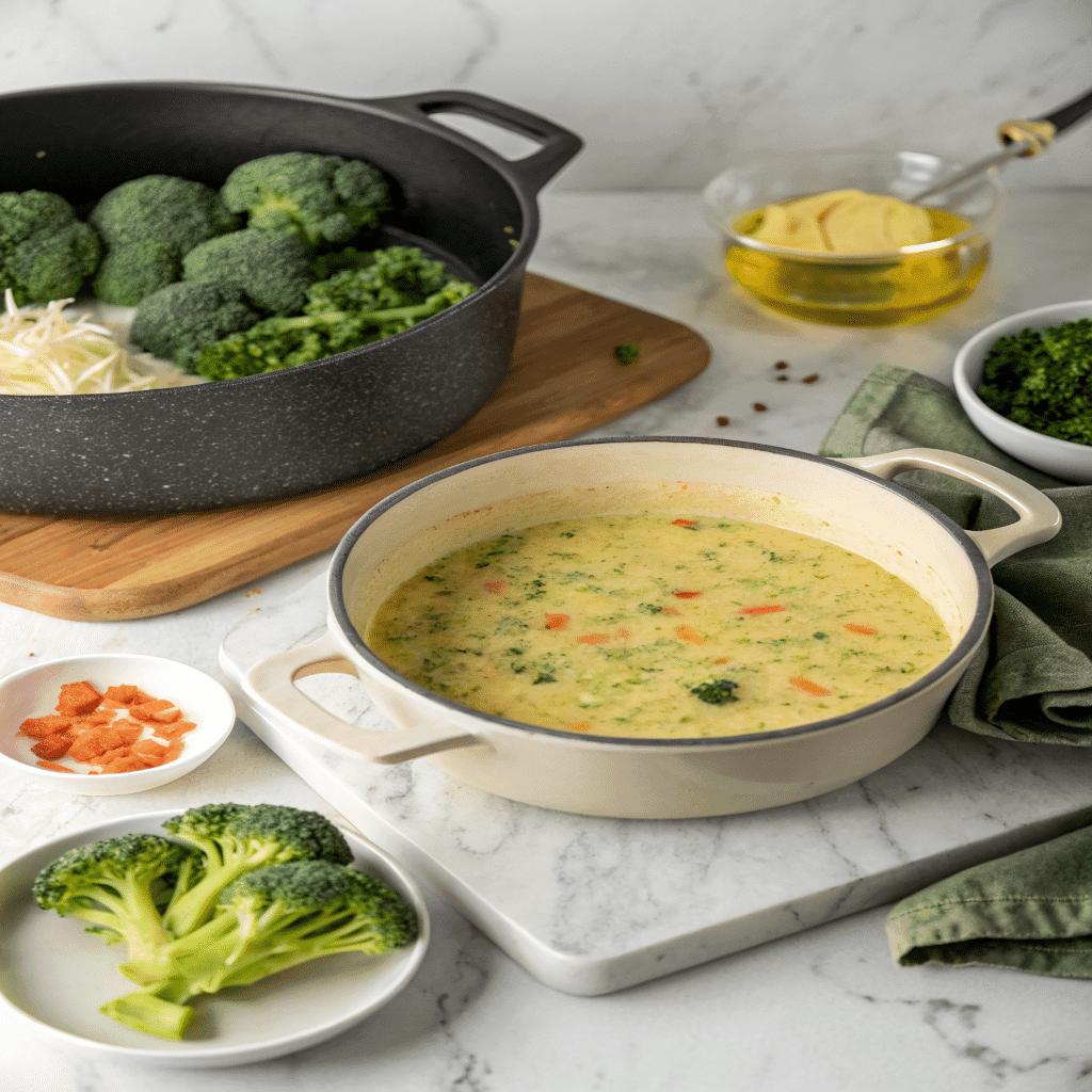 Cooking pot of creamy high protein broccoli cheddar soup with fresh broccoli, carrots, cheese, and olive oil on a marble surface.