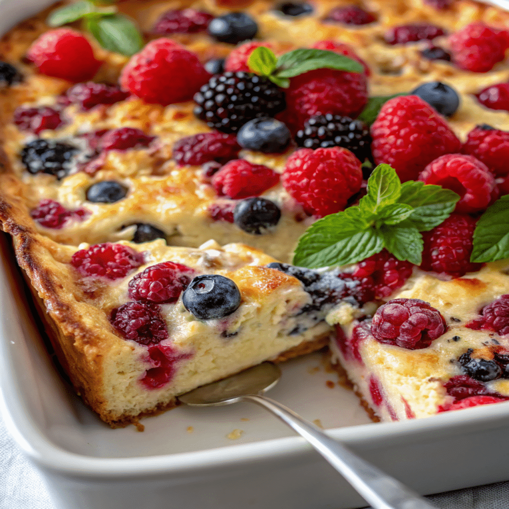 High Protein Triple Berry Bake topped with fresh raspberries, blackberries, blueberries, and mint