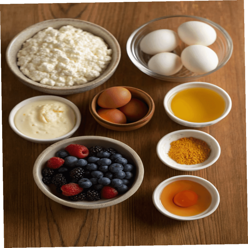 Ingredients for High Protein Triple Berry Bake including cottage cheese, eggs, honey, lemon zest, and fresh berries