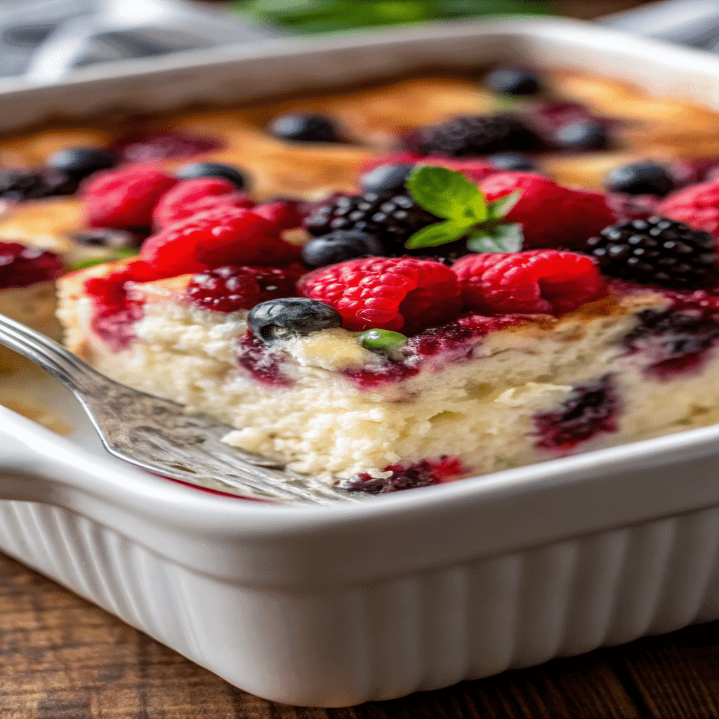 Slice of High Protein Triple Berry Bake with raspberries, blueberries, and blackberries