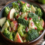 Bowl of Honeycrisp Apple Broccoli Salad with fresh broccoli florets, red apple slices, and dried cranberries in a creamy dressing