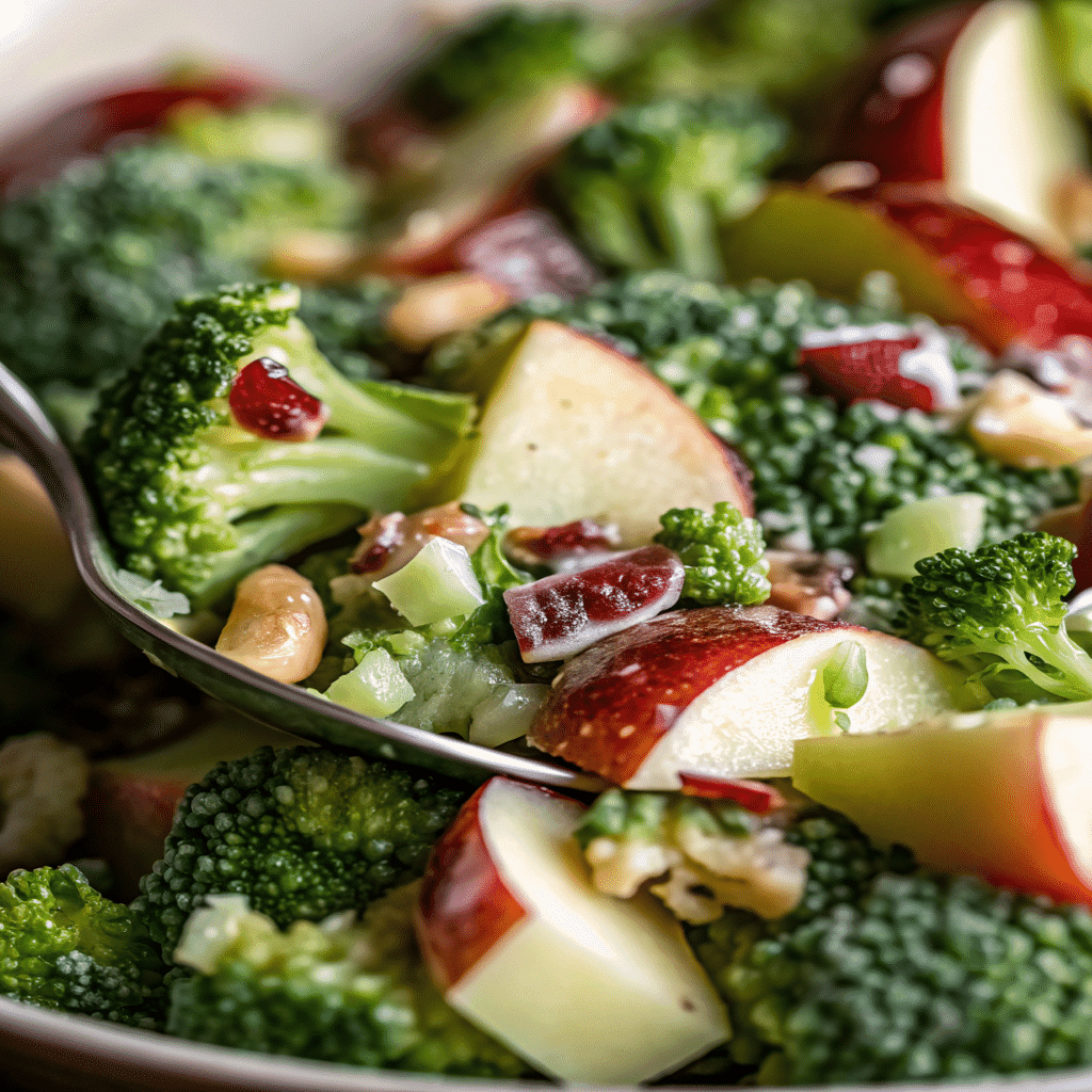 Close-up of Honeycrisp Apple Broccoli Salad with fresh apple slices, broccoli florets, cranberries, and cashews in a creamy dressing