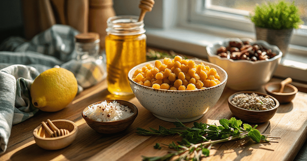 Fresh ingredients for Feta & Cranberry Chickpeas with Lemon Vinaigrette including chickpeas, lemon, honey, feta, and parsley on a wooden table