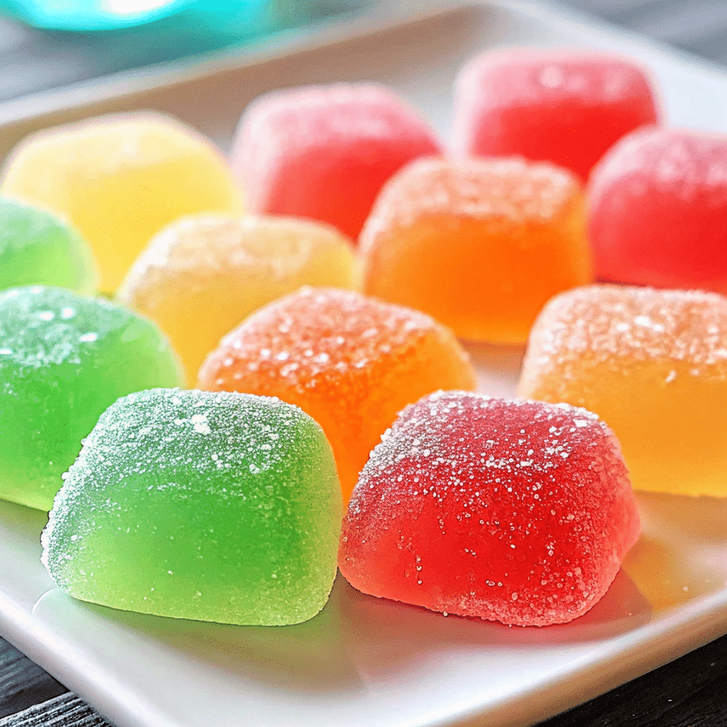Irresistible Jello Candy Melts in vibrant red, green, yellow, and orange on a white plate