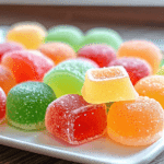 Irresistible Jello Candy Melts with a yellow piece stacked on top of colorful candies