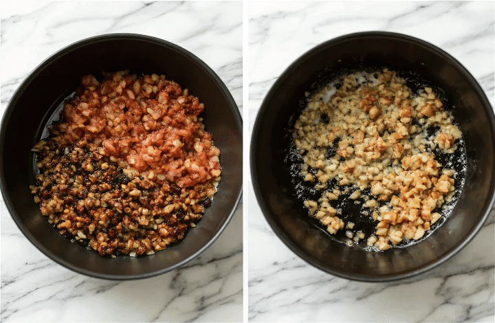 Browning Italian sausage and onions in a pot for Italian sausage white bean soup