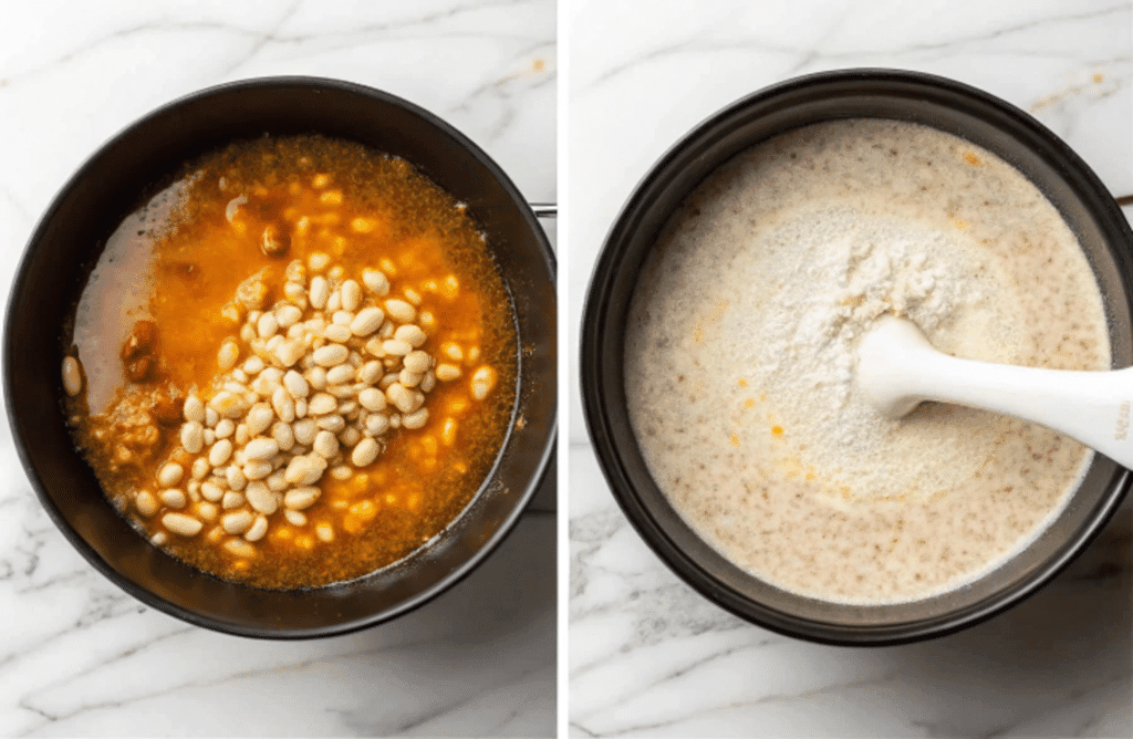 Adding white beans and broth to a pot and blending for Italian sausage white bean soup