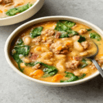 Italian sausage white bean soup served in a white bowl with beans, sausage, carrots, and spinach