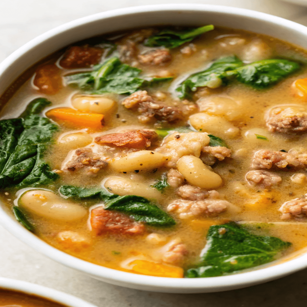 Close-up of Italian sausage white bean soup with sausage, beans, carrots, and spinach in a bowl