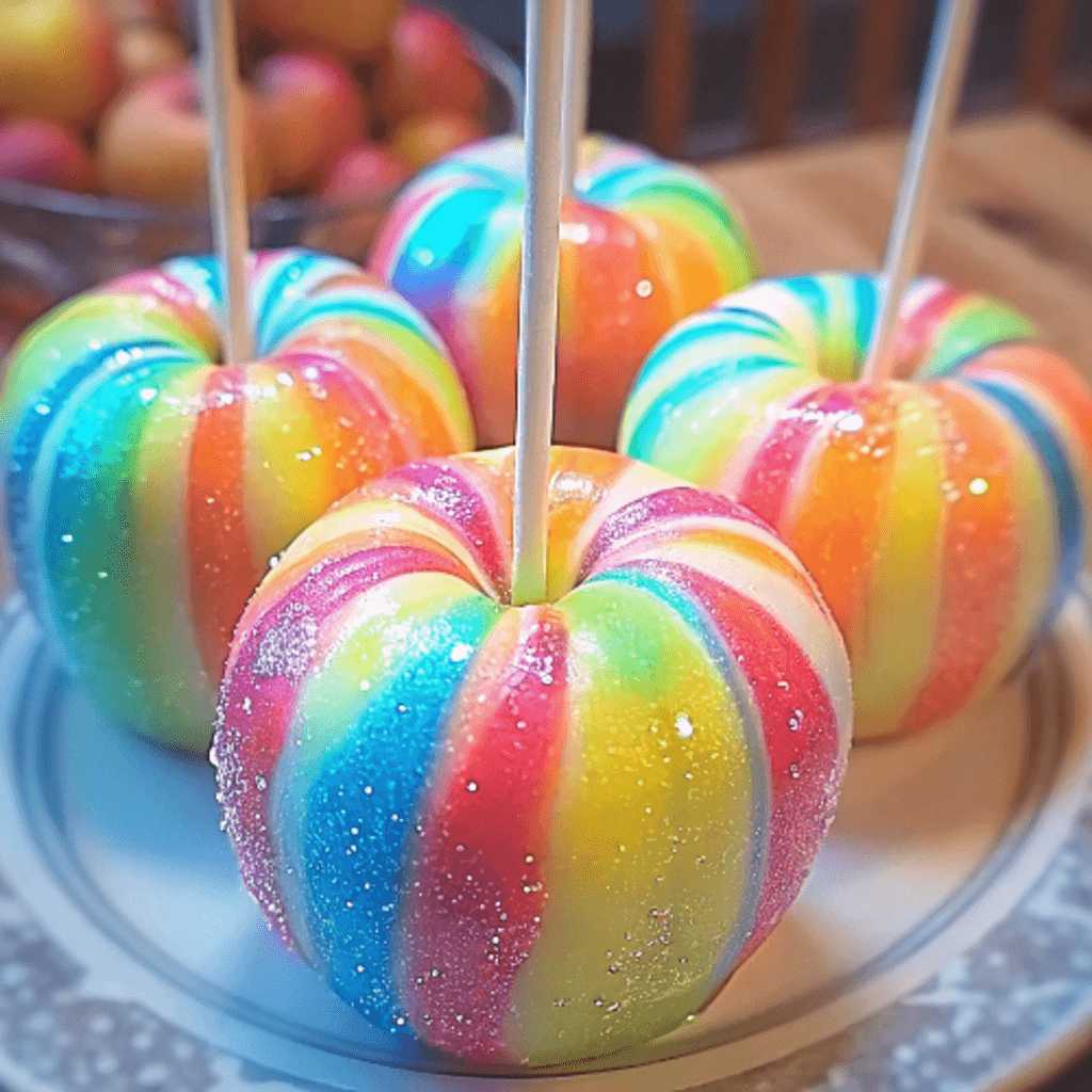 Homemade rainbow candy apples on a plate with white sticks