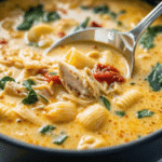Creamy Marry Me Chicken Soup with pasta, chicken, sun-dried tomatoes, and spinach in a spoon