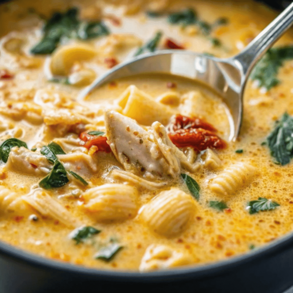 Creamy Marry Me Chicken Soup with pasta, chicken, sun-dried tomatoes, and spinach in a spoon