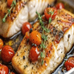 Mediterranean Baked Fish fillet with roasted cherry tomatoes, herbs, and olive oil