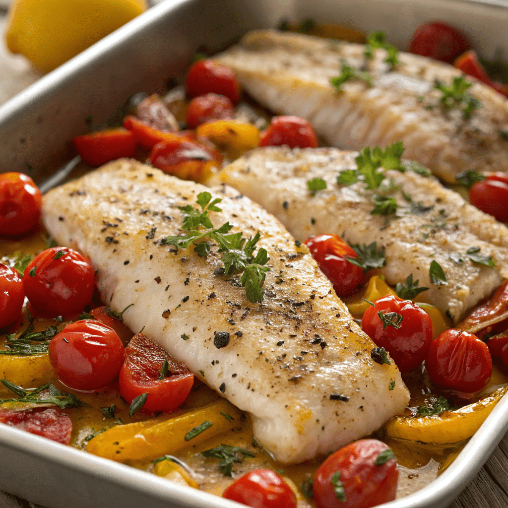 Mediterranean Baked Fish fillet with roasted cherry tomatoes, herbs, and olive oil