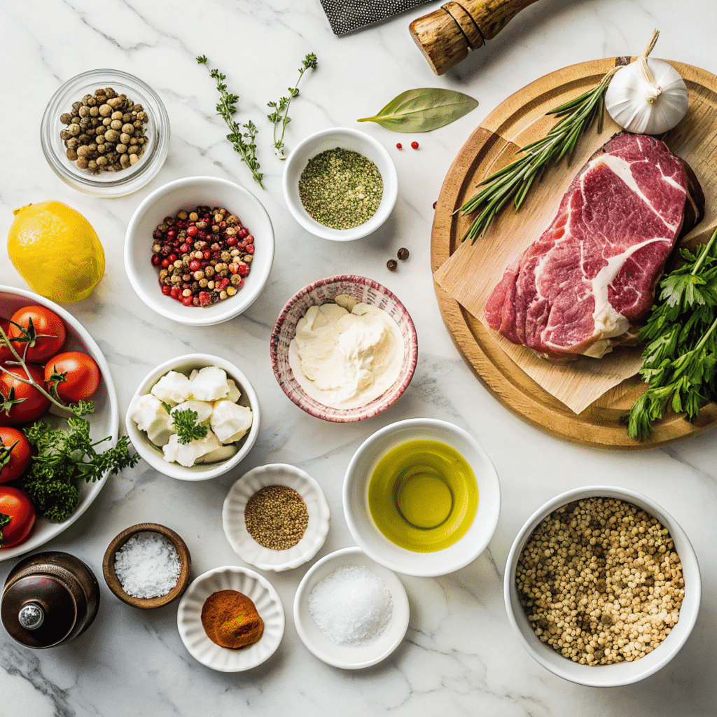 Mediterranean Steak Bowl ingredients including raw steak, olive oil, fresh herbs, tomatoes, garlic, lemon, spices, and couscous on a marble surface.