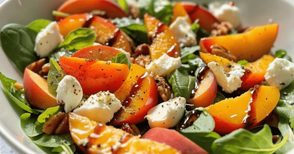 Millionaire Peach Salad with spinach, peach slices, and mozzarella cubes