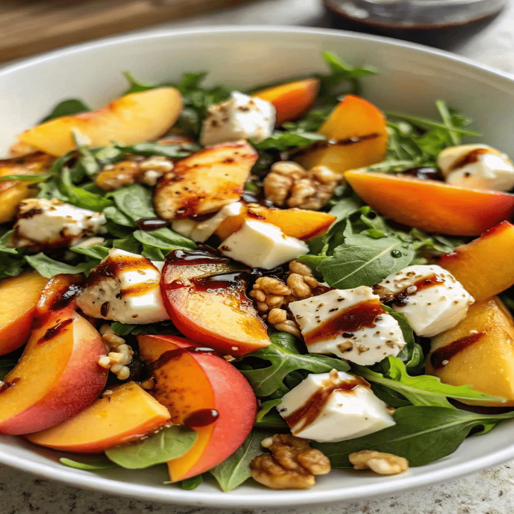Millionaire Peach Salad with mozzarella, walnuts, and balsamic glaze in a white bowl