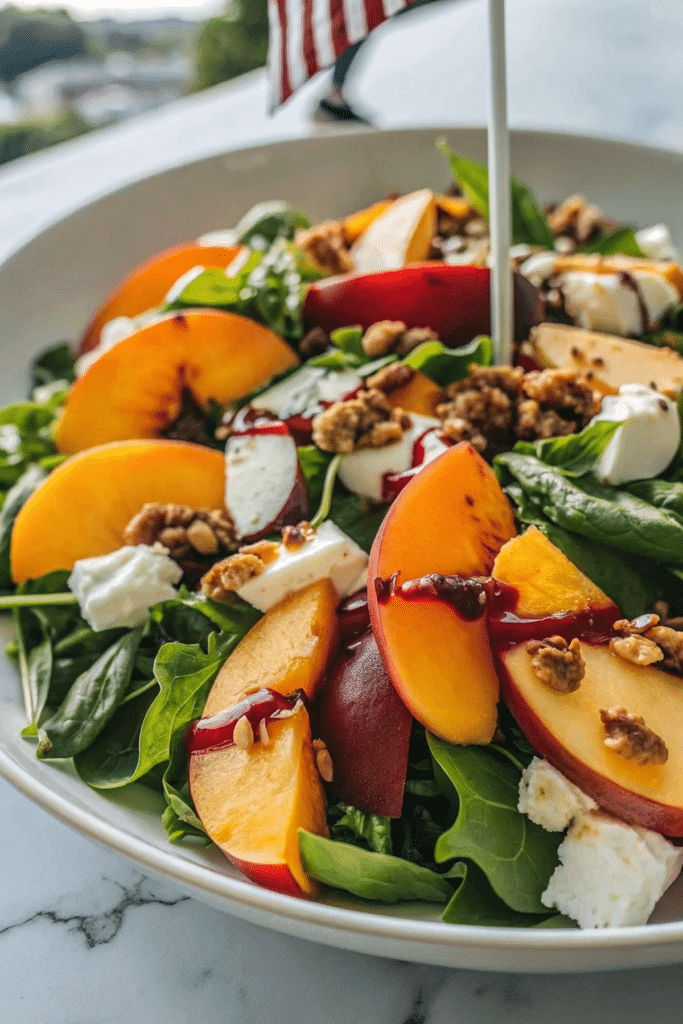 Millionaire Peach Salad with juicy peach wedges, walnuts, and balsamic drizzle
