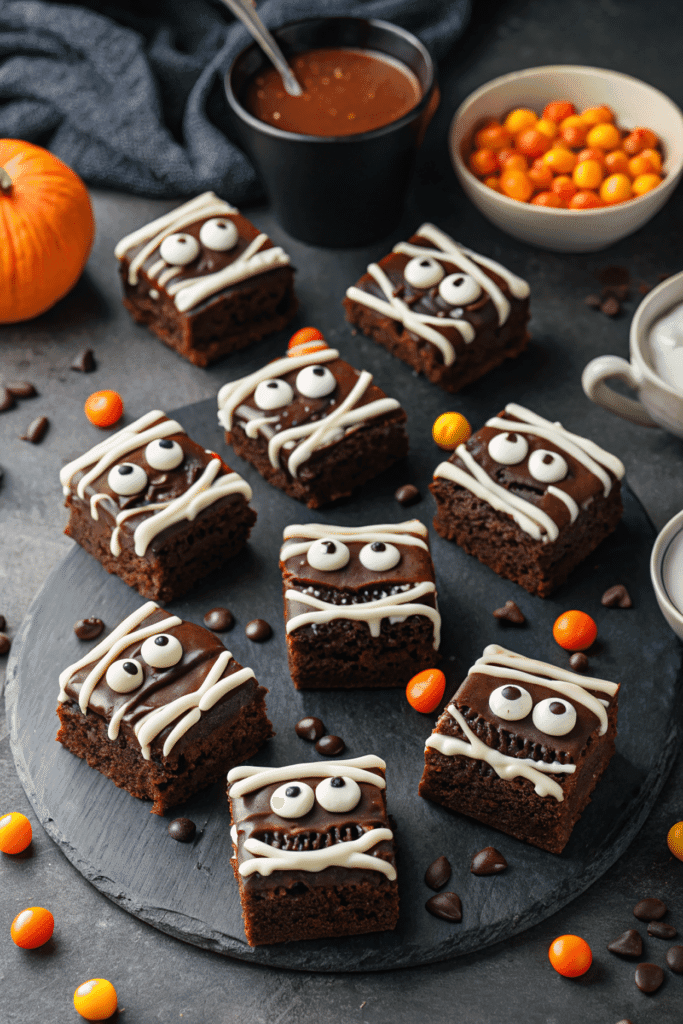 Fudgy Mummy Brownies decorated with white frosting bandages and candy eyes, styled with Halloween candy and pumpkins on a dark background.